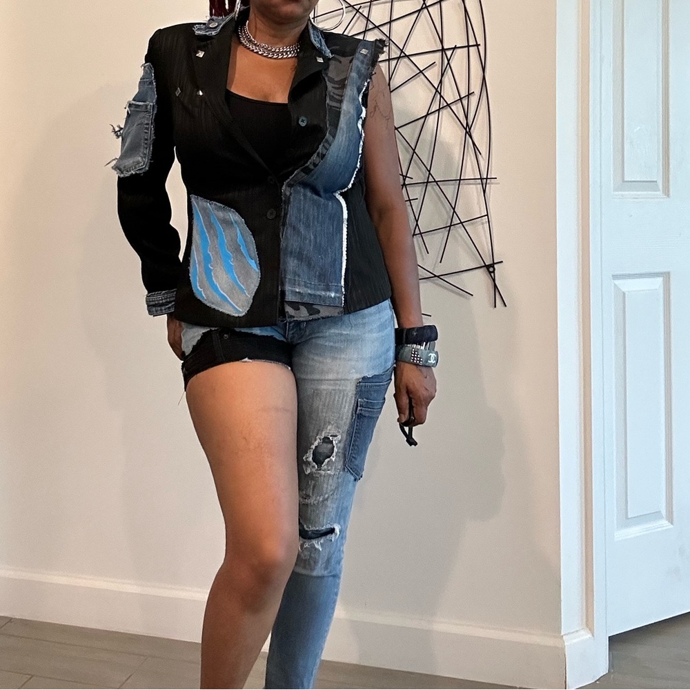 Custom Unique Denim Patchwork Jacket And Shorts S… - image 1